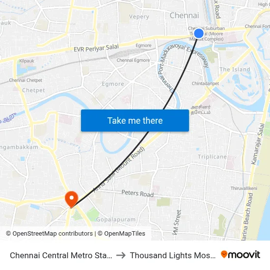 Chennai Central Metro Station to Thousand Lights Mosque map