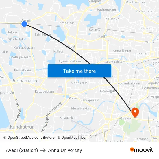 Avadi (Station) to Anna University map