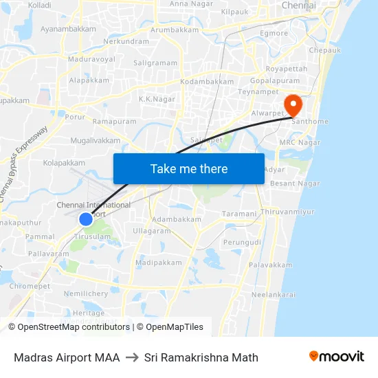 Madras Airport MAA to Sri Ramakrishna Math map