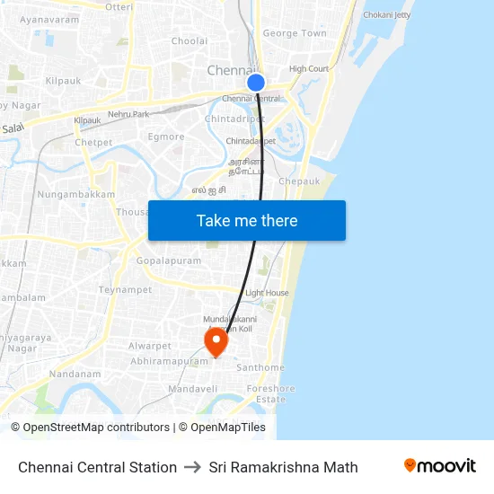 Chennai Central Station to Sri Ramakrishna Math map