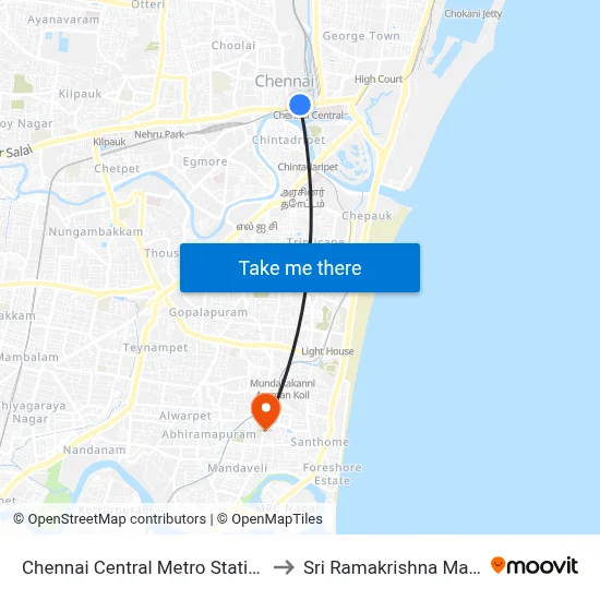 Chennai Central Metro Station to Sri Ramakrishna Math map