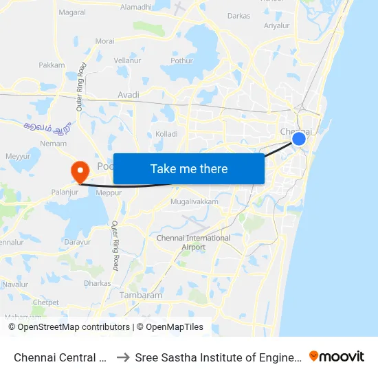 Chennai Central Metro Station to Sree Sastha Institute of Engineering and Technology map