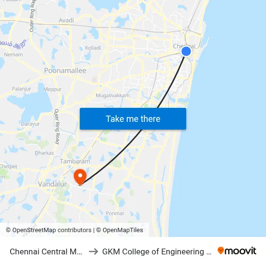 Chennai Central Metro Station to GKM College of Engineering and Technology map
