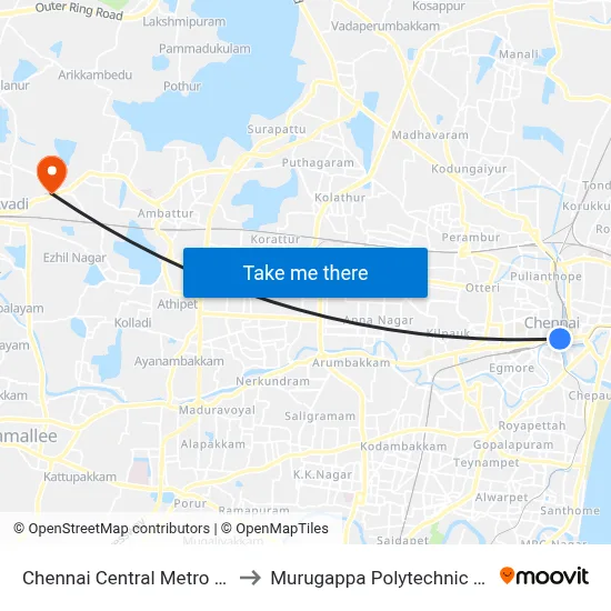 Chennai Central Metro Station to Murugappa Polytechnic College map