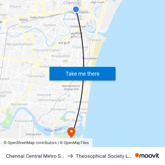 Chennai Central Metro Station to Theosophical Society Library map