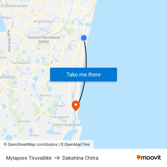 Mylapore Tiruvallikk to Dakshina Chitra map