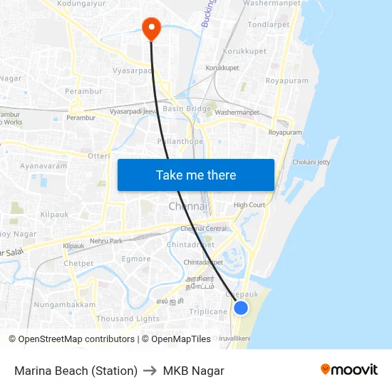 Marina Beach (Station) to MKB Nagar map