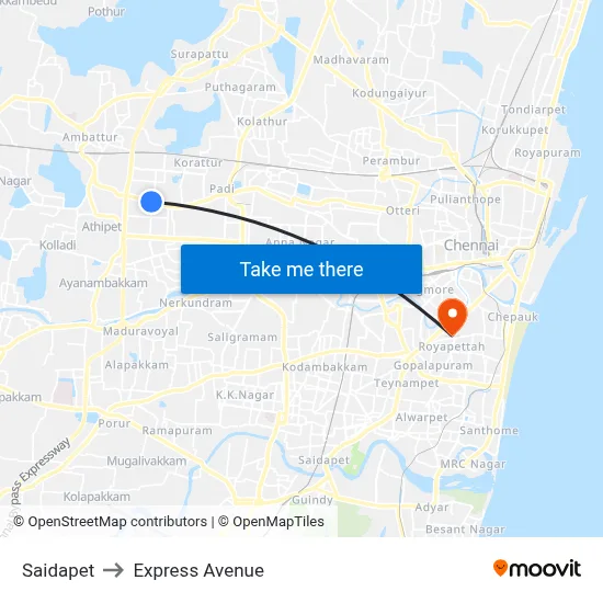 Saidapet to Express Avenue map