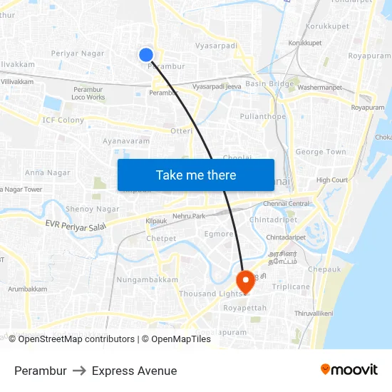 Perambur to Express Avenue map