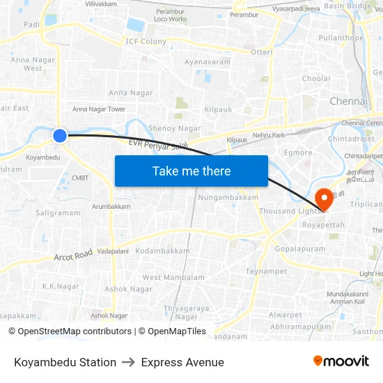 Koyambedu Station to Express Avenue map