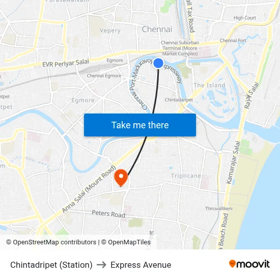 Chintadripet (Station) to Express Avenue map