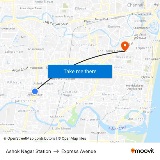 Ashok Nagar Station to Express Avenue map