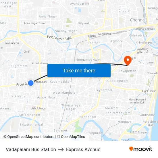 Vadapalani Bus Station to Express Avenue map