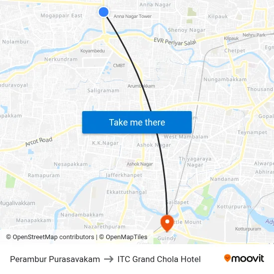 Perambur Purasavakam to ITC Grand Chola Hotel map