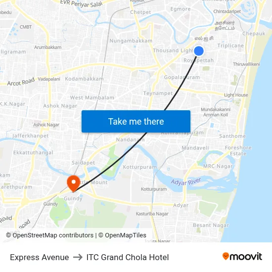 Express Avenue to ITC Grand Chola Hotel map