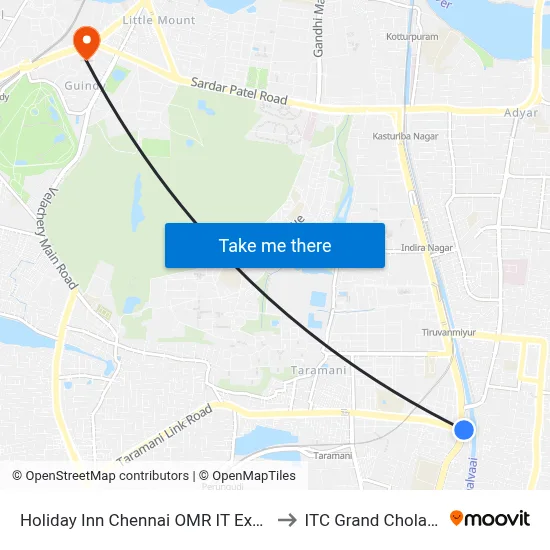 Holiday Inn Chennai OMR IT Expressway, 110, Old Mahabalipuram Rd, PTK nagar, Thiruvanmiyur, Chennai to ITC Grand Chola Hotel map
