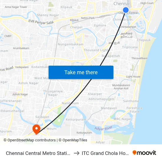 Chennai Central Metro Station to ITC Grand Chola Hotel map