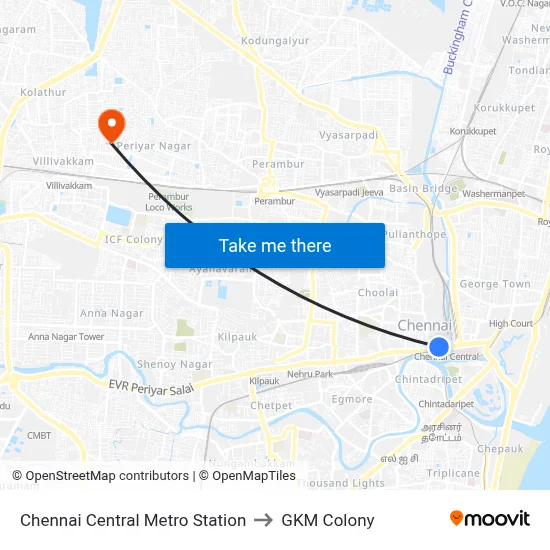 Chennai Central Metro Station to GKM Colony map
