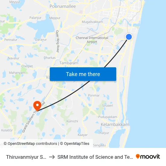 Thiruvanmiyur Station to SRM Institute of Science and Technology map