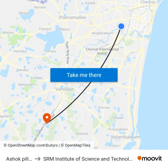 Ashok pillar to SRM Institute of Science and Technology map