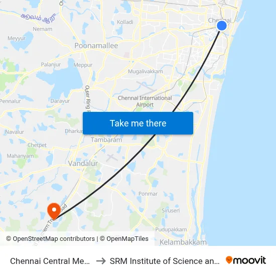 Chennai Central Metro Station to SRM Institute of Science and Technology map