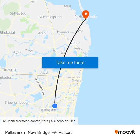 Pallavaram New Bridge to Pulicat map
