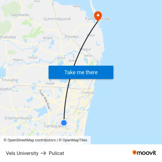 Vels University to Pulicat map