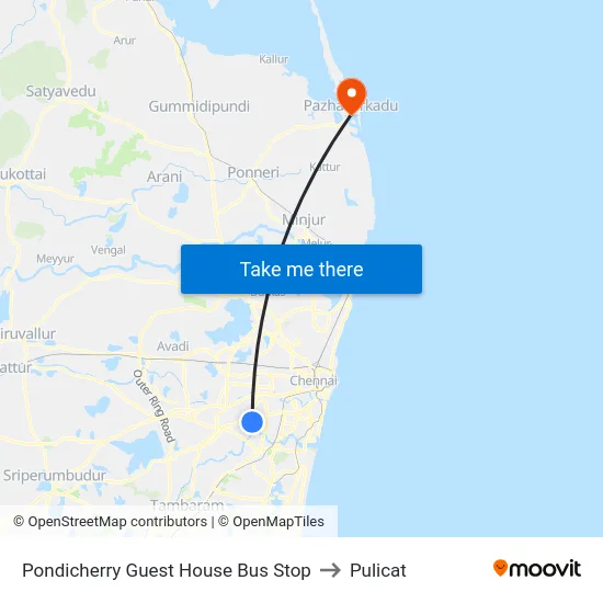 Pondicherry Guest House Bus Stop to Pulicat map