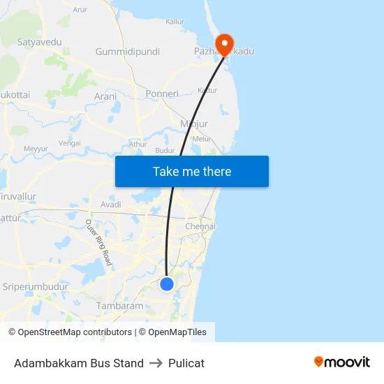 Adambakkam Bus Stand to Pulicat map