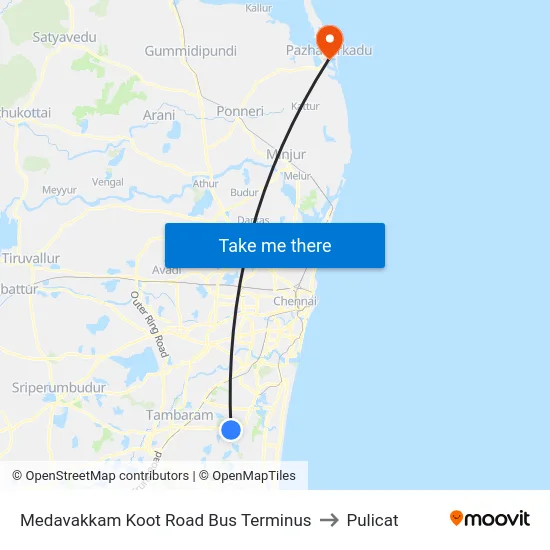 Medavakkam Koot Road Bus Terminus to Pulicat map