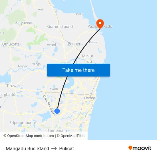 Mangadu Bus Stand to Pulicat map