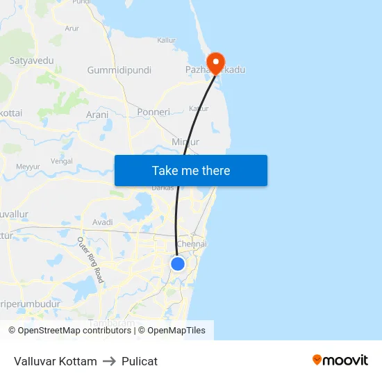 Valluvar Kottam to Pulicat map