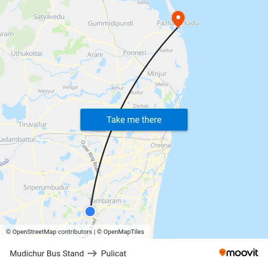 Mudichur Bus Stand to Pulicat map