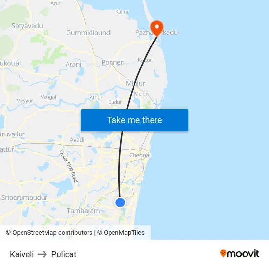 Kaiveli to Pulicat map