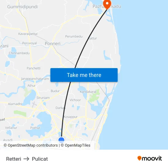 Retteri to Pulicat map