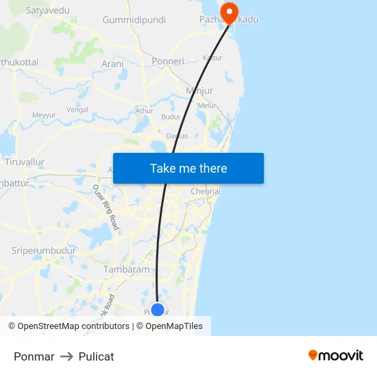 Ponmar to Pulicat map