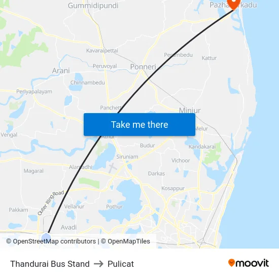 Thandurai Bus Stand to Pulicat map
