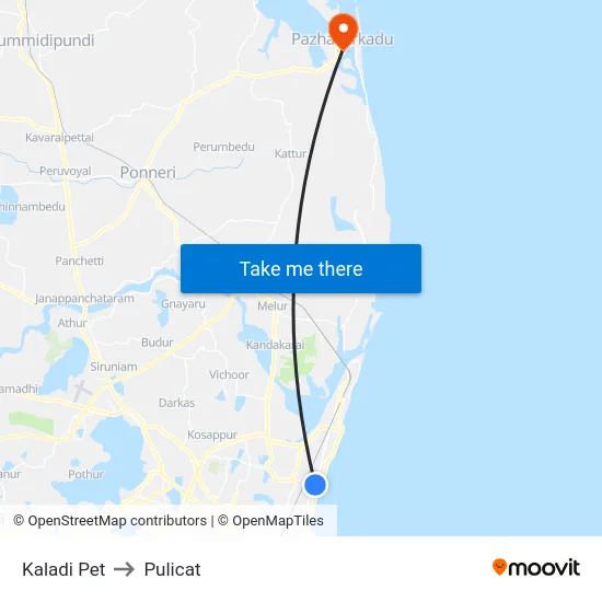 Kaladi Pet to Pulicat map