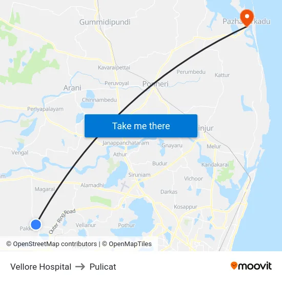 Vellore Hospital to Pulicat map