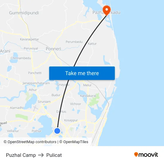 Puzhal Camp to Pulicat map