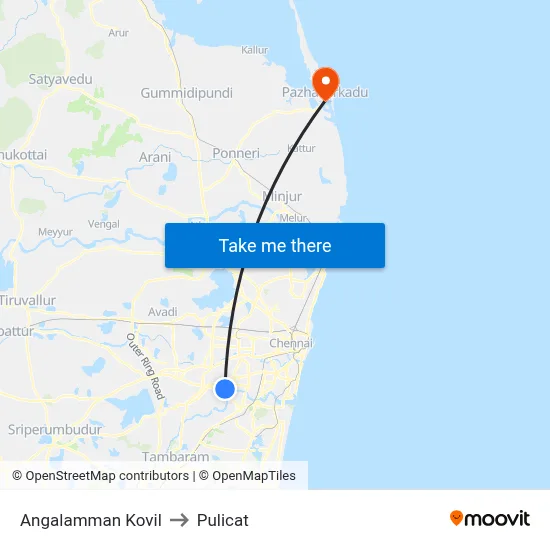 Angalamman Kovil to Pulicat map
