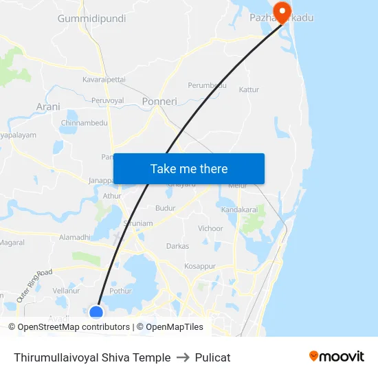 Thirumullaivoyal Shiva Temple to Pulicat map