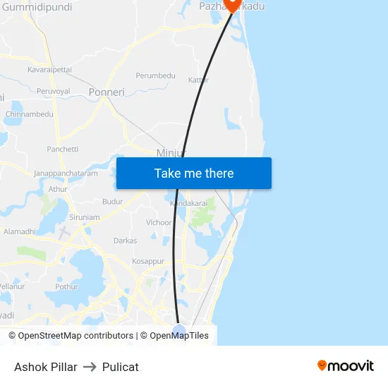 Ashok Pillar to Pulicat map