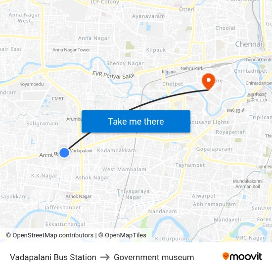 Vadapalani Bus Station to Government museum map