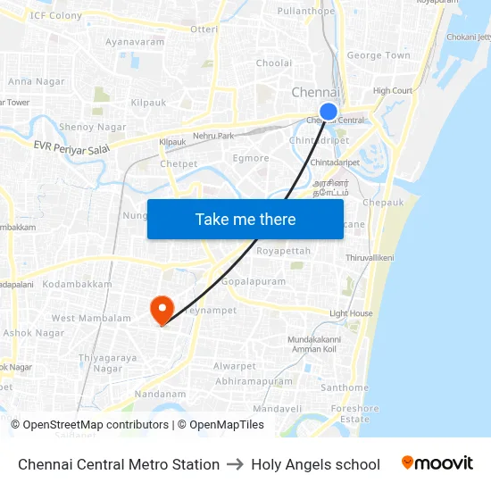 Chennai Central Metro Station to Holy Angels school map