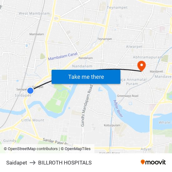 Saidapet to BILLROTH HOSPITALS map