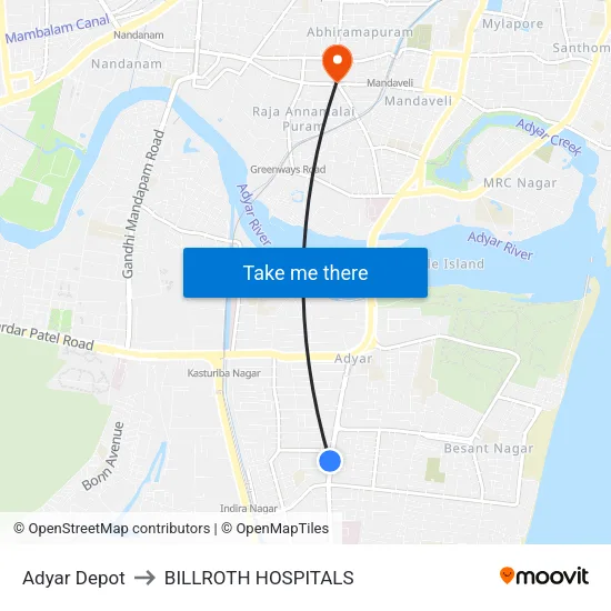 Adyar Depot to BILLROTH HOSPITALS map