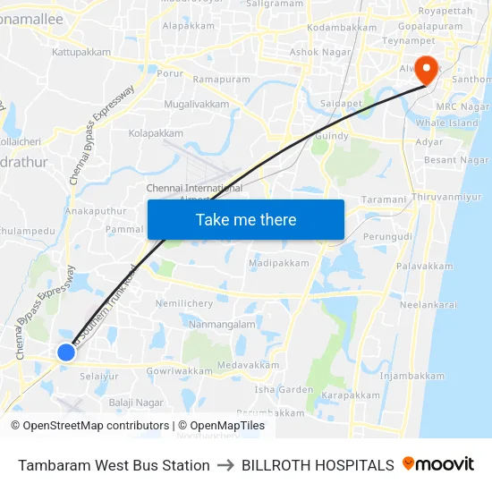 Tambaram West Bus Station to BILLROTH HOSPITALS map