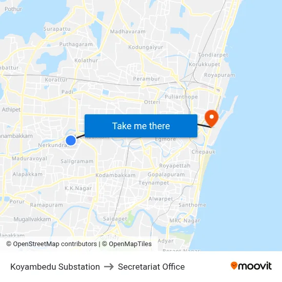 Koyambedu Substation to Secretariat Office map