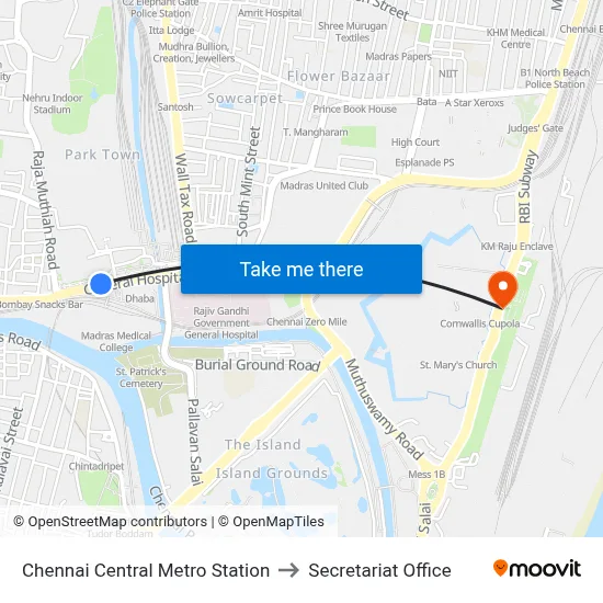 Chennai Central Metro Station to Secretariat Office map